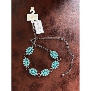 Modern Heritage Faux Turquoise Silver Tone Floral Medallion Chain‎ Belt S/M NWT
